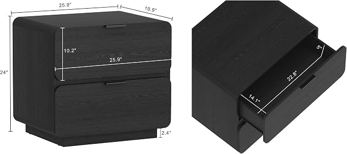 Manhattan Comfort Chrystie Fluted Nightstand 26" Bedside Table with 2 Full Extension Drawers, Rounded Corners, Wood Grain Finish, and Metal Handle Side End Table for Bedroom or Living Room in Black