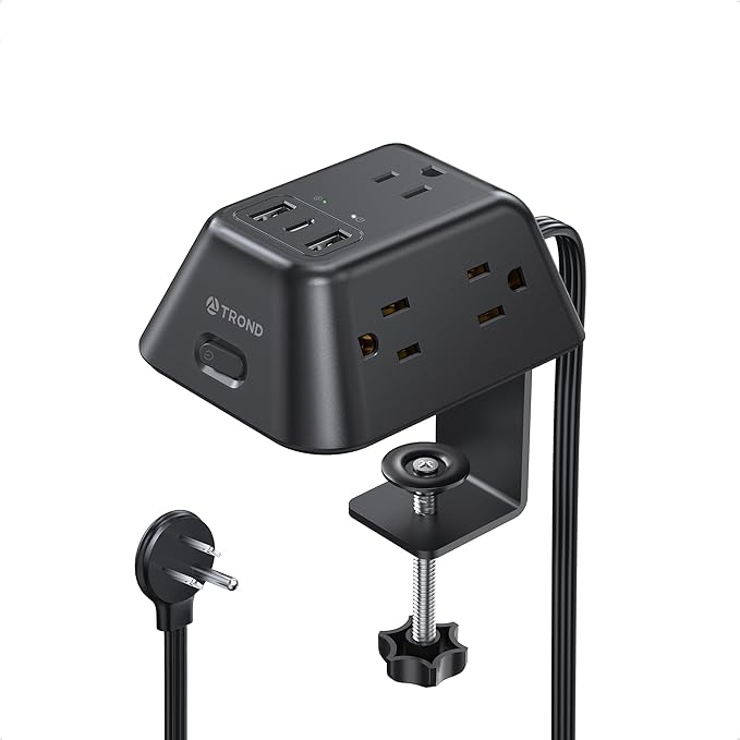 Desk Clamp Power Strip, Surge Protector with 5 AC Outlets and 3 USB Ports, Desk Mount Charging Station, Fit 1.97in Tabletop Edge Thick, 6FT Extension Cord, for Home Office Gaming Accessories, Black