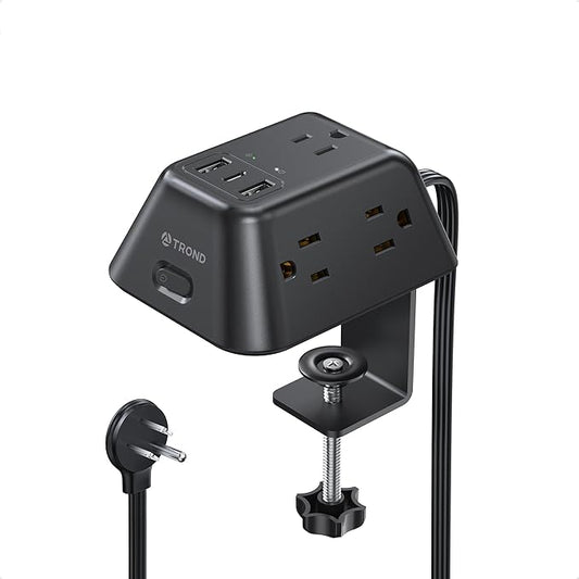 Desk Clamp Power Strip, Surge Protector with 5 AC Outlets and 3 USB Ports, Desk Mount Charging Station, Fit 1.97in Tabletop Edge Thick, 6FT Extension Cord, for Home Office Gaming Accessories, Black