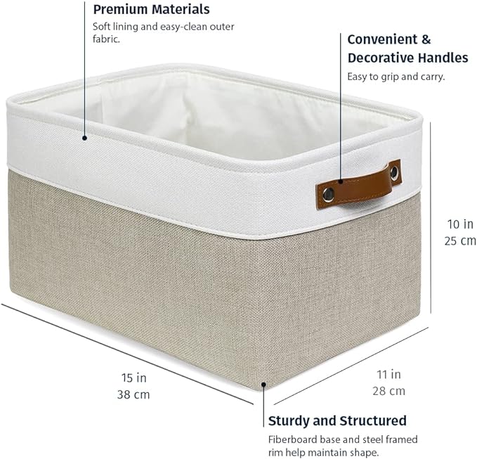 OrganiHaus 15x11in Canvas Storage Baskets 3 Pack | LARGE Fabric Bins for Shelves | Closet & Bedroom Storage | Beige/Off-White