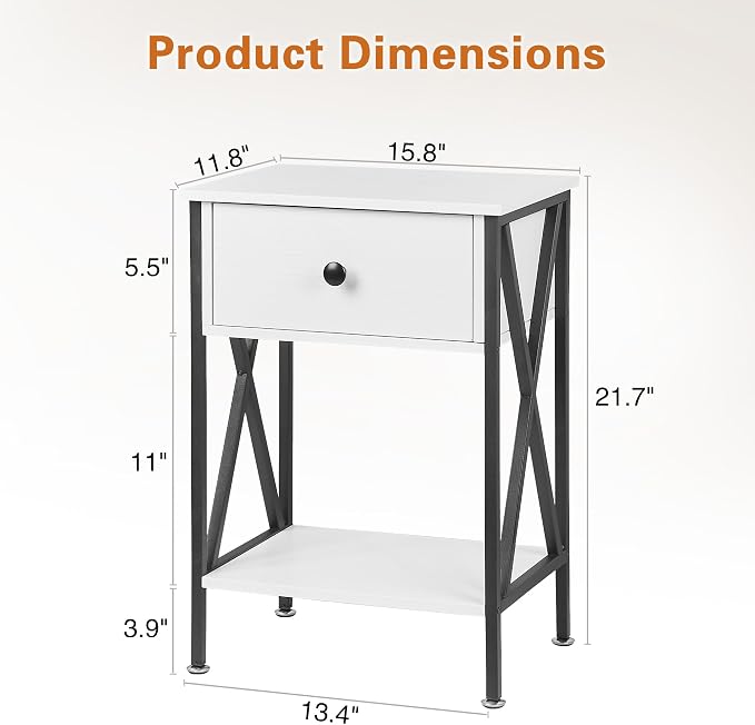 VECELO Night Stand with Drawer, 2 Tiers Storage Shelves End Table, Small Side Table for Small Spaces,Night Stand for Living Room, Bedroom, White
