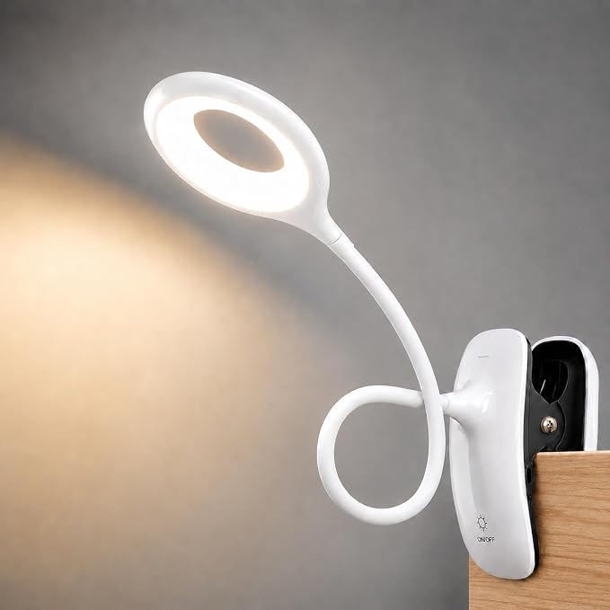 Clip On Reading Light for Bed Headboard, USB Rechargeable Cordless Clamp Lamp for Dorm Room Essentials, Touch Dim, 3 Colors, Eye Protect LED Desk Lamp for College Dorm Room, Gooseneck,White