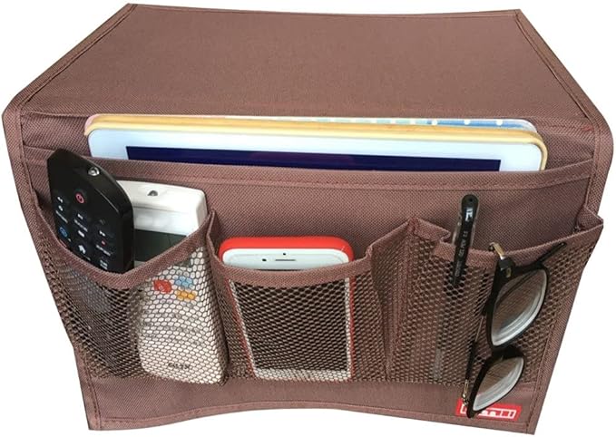 Bedside Storage Organizer with Pockets, Bedside Caddy, Table Cabinet Storage Organizer, TV Remote Control, Phones, Magazines, Tablets, Accessories, Brown