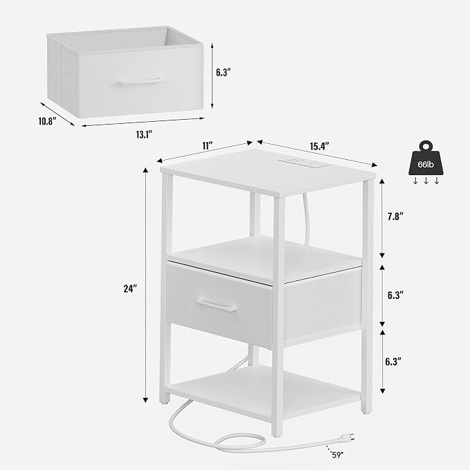 TUTOTAK Nightstand Set of 2, Night Stand with Charging Station, End Table, Bedside Table with Fabric Drawer, Side Table for Livingroom and Bedroom, White TB01BW0692