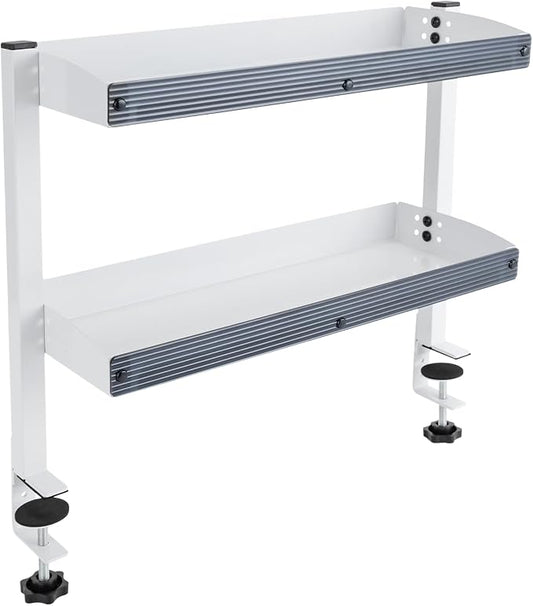 16 inch Clamp on Desk Shelf, Desk Extender Side Table, 2 Tier Shelving Unit Above or Under Desktop, Clamp On Desk Organizer Shelving Unit for Home Office