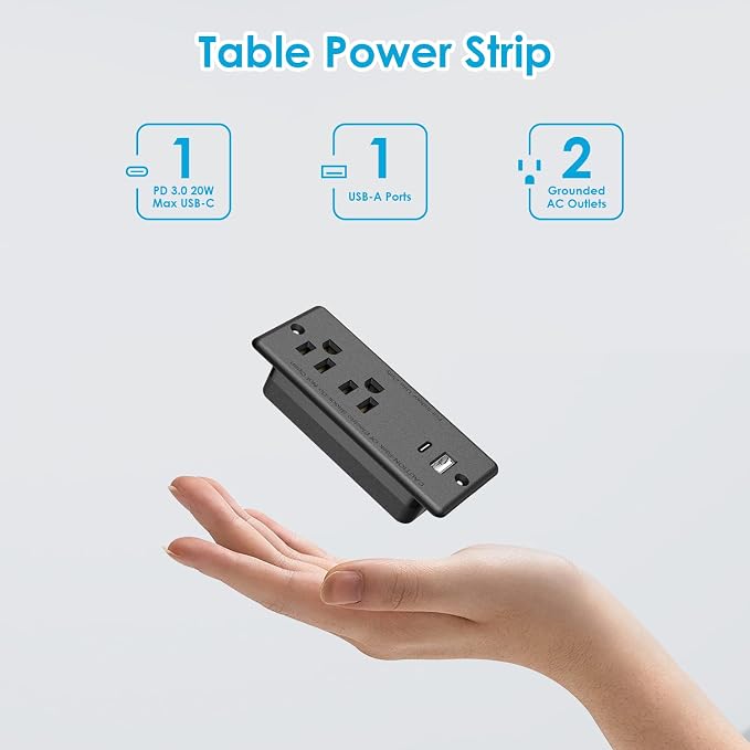 Recessed Power Strip USB C 20W,Flat Plug Ultra Thin Extension Cord,Furniture Desktop Charging Station for Side Table,End Table,Flush-Mount Desk Outlet Power Grommet,10ft Cord (Black)