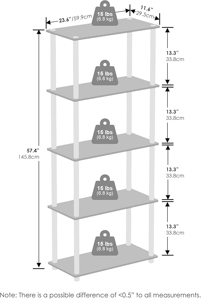 Furinno Turn-N-Tube Book Shelf, 5-Tier Bookshelf, Bookcase with Multipurpose Compact Display Rack, 11.6 x 23.6 x 57.4, for Living Room, Bedroom, Home Office, Dark Cherry/Black