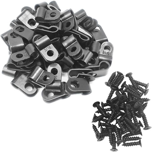 Cable Clamp R-Type Cable Clip Wire Clamp 3/16" Nylon Screw Mounting Cord Fastener Clips with Screws for Wire Management - Black - 50 Pcs