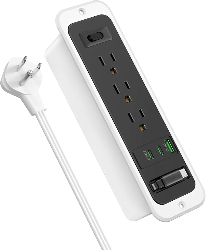 Recessed Power Strip with Retractable USB C Cable,2 PD 20W USB C,Flush Mount Countertop Drawer Outlet, Furniture Hidden Outlet for Side Table,End Table,3 Outlets (Black and White, 6FT-20W)