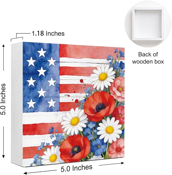 Patriotic Wooden Box Sign,Stars And Stripes Floral 4th Of July Signs Home Decor,Independence Memorial Day Block Sign for Desk Shelf Tabletop Decor