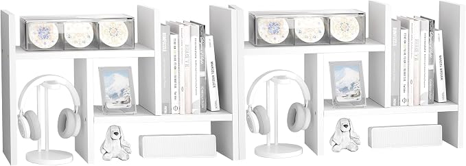 Jerry & Maggie Desktop Organizer Office Storage Rack Adjustable Wood Display Shelf Free Style Double H, Multi-Functional Mini Bookshelf for Desk Natural Stand (White/2 Pack)