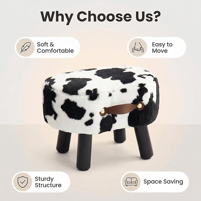 Foot Stools Small, Cow Ottomon with Handle, Velvet Footrest | Curved Foot Stool with Padded Seat Wooden Legs, Portable Foot Rest for Living Room, Bedroom, Entryway (Cow)
