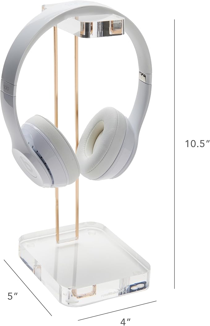 RUSSELL+HAZEL Acrylic Headphones Stand with Gold Hardware, Clear Headset Holder & Desk Accessory for Home Office Workspace Organization, 4" x 5" x 10.5"
