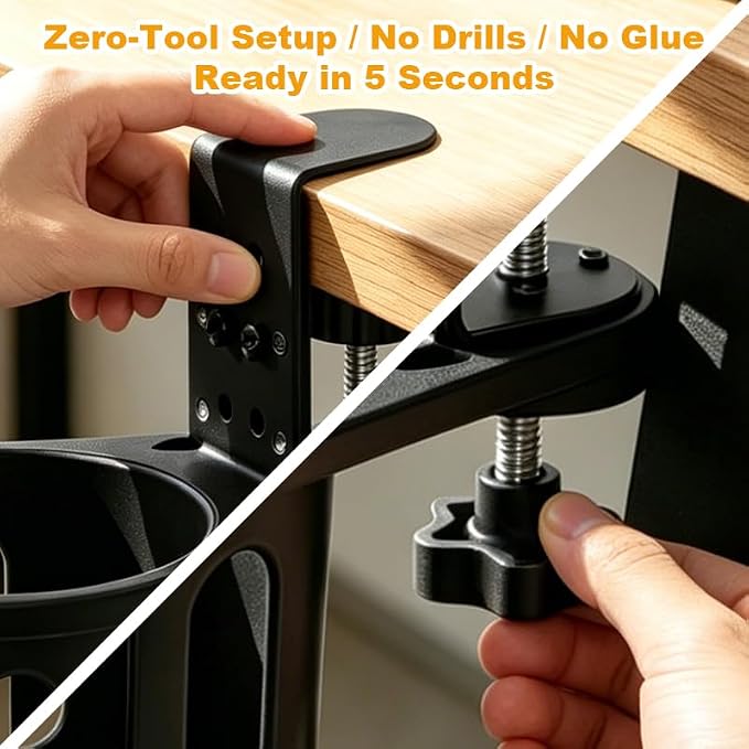 Deep Cup Holder Desk Clamp, Anti-Spill Clip On Table Drink Holder for 40oz Mug & Water Bottle, 3.15" Large Metal Mount Attachment, 360° Rotating Gaming Desk Accessories