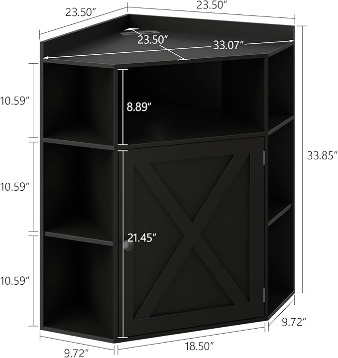 Vabches Corner Cabinet, Corner Storage Shelf with USB Ports and Outlets Industrial Organizer for Small Space Wooden 6-Cubby Bookshelf for Study, Playroom, Living Room (Black)