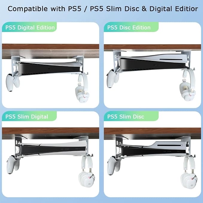 Aluminum Under Desk Mount for PS5/PS5 Slim/ PS5 Pro Digital & Disc, Securing Under Desk Bracket with Detachable Controller & Headphone Holder Kit No Drill (White)