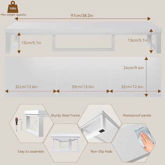 IBUYKE Large Dual Monitor Stand Riser for 2 Monitors, Wooden Desktop Computer Monitor Stand Storage Shelf and Steel Legs,Dual Screen Office Desk,Monitor Riser for Computer, Printer,Laptop,TV,White UTDJ002W