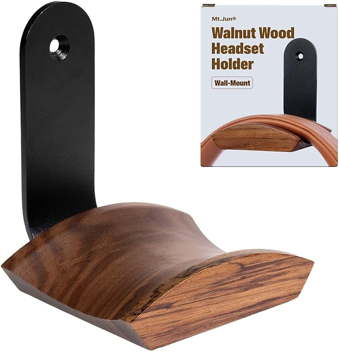 Walnut Wood Headphone Wall Mount Holder, Curved Headset Hanger with Black Metal Bracket, Adhesive or Screw Mount, Holds 10 lbs