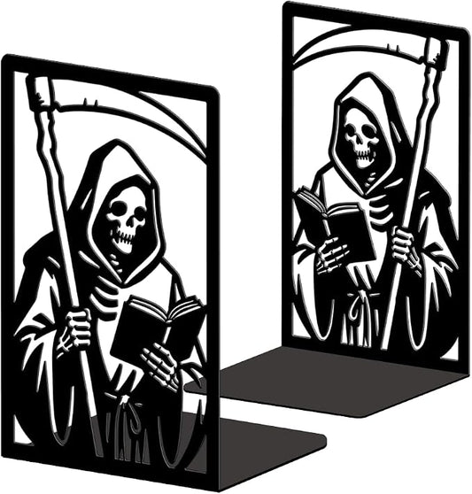 Peacoblue Metal Bookends for Shelves, Modern Decorative Heavy Duty Study Book Ends Stoppers for Office Desk Shelf Room 5.3"x4.3"x7.9" Cast Iron Bookends 1 Pair (Grim Reaper Reading Book with Sickle)