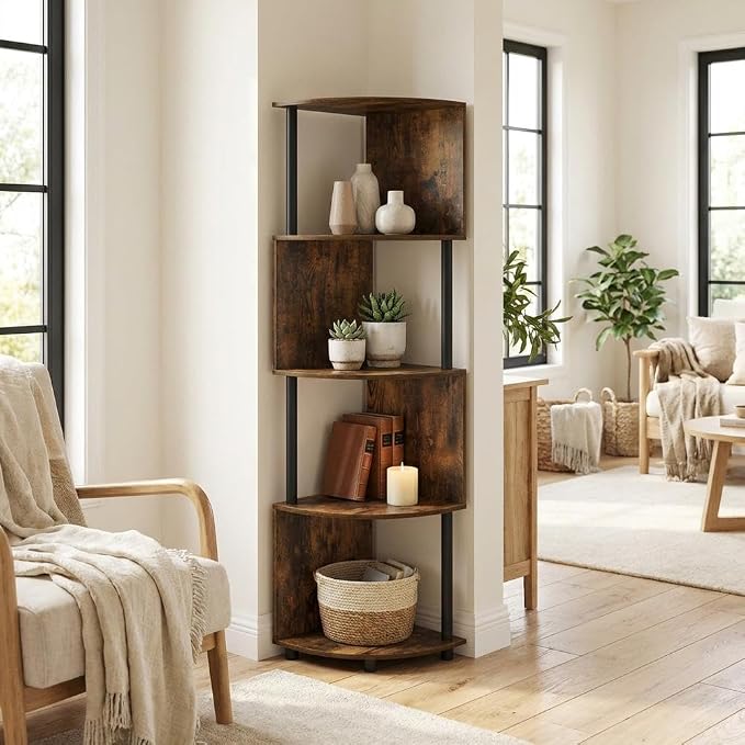 Furnifact Amber Pine Black 4-Tier Zigzag Corner Shelf Bookcase, Elegant Wooden Design, Space-Saving Corner Unit, Durable Construction, Stylish Modern Look
