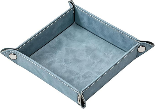 Valet Tray Desktop Storage Organizer – Vegan Leather Catchall Bedside Vanity Tray Nightstand Caddy Holder for Remote Controller, Watch, Keys, Phone, Wallet, Coin, Jewelry, Stone Blue