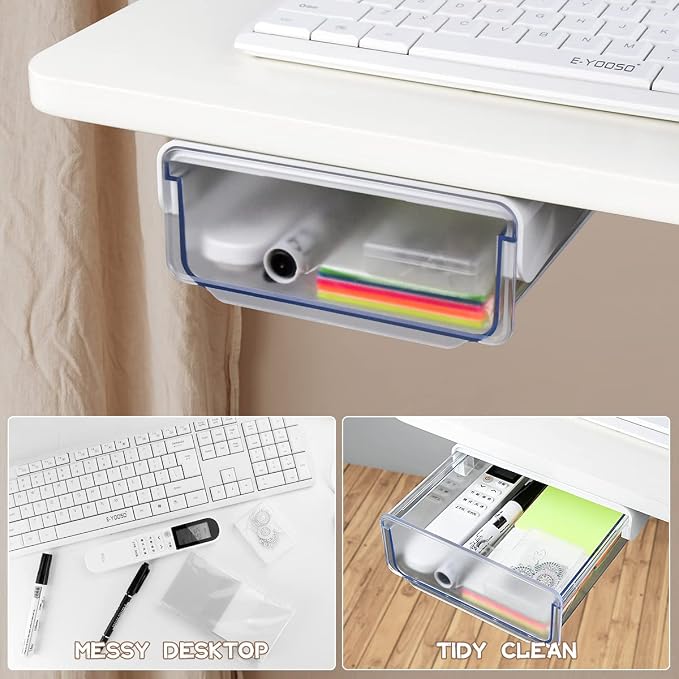 yuntop 1 Pcs Under Desk Drawer, Under Table Hidden Organizer, Plastic Self-adhesive Slide out Under Desk Storage Drawer for Office Dresser Home School Stationery Kitchen (White)