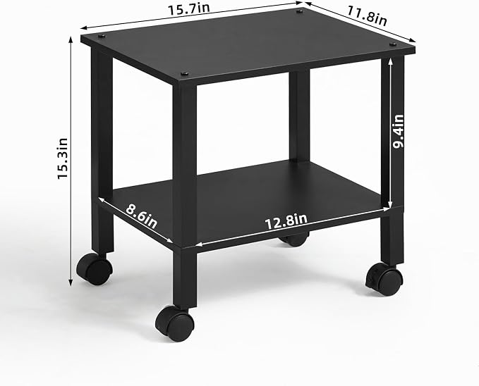 YUFAM 2 Tier Printer Stand with Storage,Under Desk Shelf Printer Table, Rolling Printer Cart for Office,Home,Black