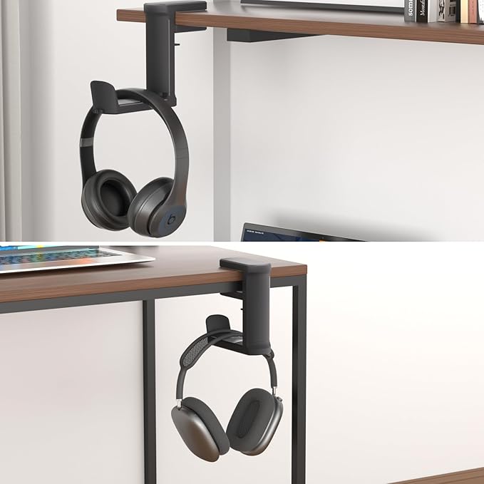 Headphone Hook - Adjustable Clamp-on Headphone Holder, Under Desk Gaming Headset Holder Mount Hook with Rotating Clamp (Black_2 Pack)