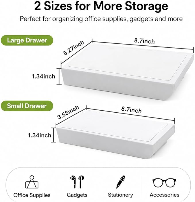 YOOUSOO 2 Pack Under Desk Storage Drawer Organizer, Hidden Slide Out Drawer Attachment, with Self - Adhesive Feature for Desktop and Table Organization, Hidden Under Desk