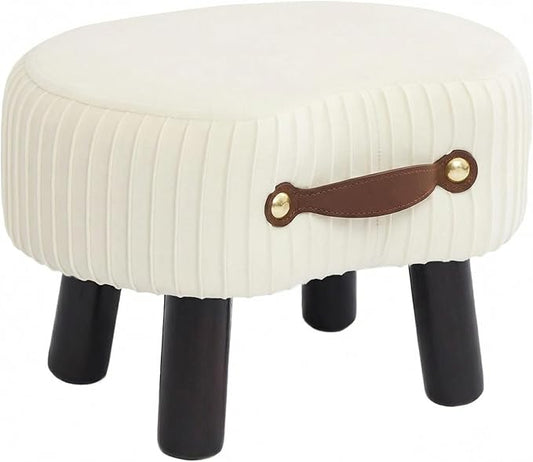 Foot Stools Small, White Ottomon with Handle, Velvet Footrest | Curved Foot Stool with Padded Seat Wooden Legs, Portable Foot Rest for Living Room, Bedroom, Entryway (White)