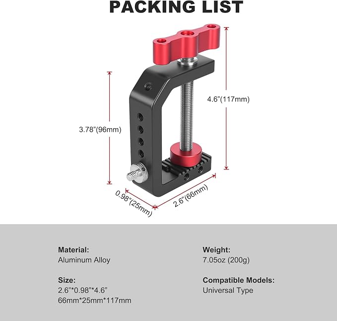 C Clamp Desk Camera Mount, Aluminum Table C-clamp with 1/4" 3/8" Thread, Desktop DSLR Mount for Photo Studio Video Camera, Light Stand, Desk, Rods, Shelves, Bike, Max Clamp 2.36" (62021)