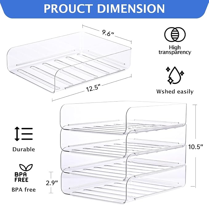 LALOBLUE Stackable Letter Tray Desk Organizer, Set of 4 Clear PET Paper & File Organizers, Document Storage for Office Supplies