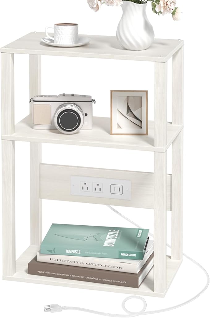 YUFAM 3-Tier Small Narrow Wood Side Table with Charging Station, Skinny Nightstand for Small Space, Slim Bedside Table with Storage for Couch, Thin End Table with USB Ports and Outlets, Grey White