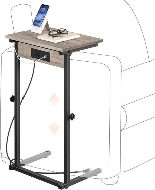 HOOBRO C-Shaped End Table with Charging Station, Adjustable Height Sofa Tray Side Table, Slide Under Couch Arm Table, Small C Side Table for Small Space in Living Room, Bedroom, Greige BG71USF01