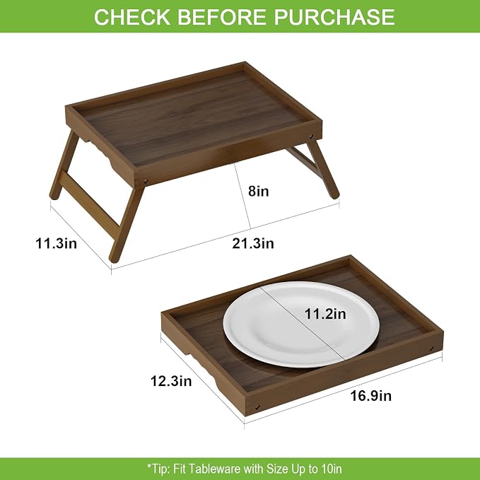 Artmalle Bed Tray Table Folding Legs with Handles Groove Breakfast Food Tray for Sofa, Bed, Eating, Drawing, Platters Serving Lap Desk Snack Trays (Brown Large)