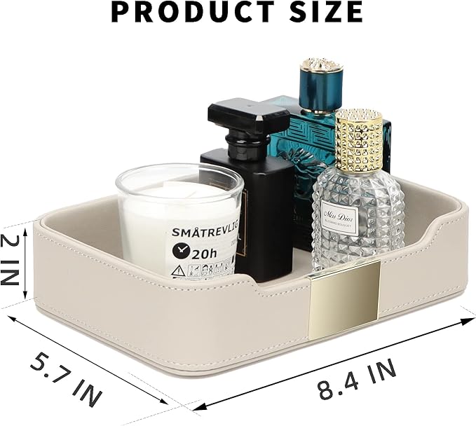 SANZIE Luxury Leather Tray Organizer Valet Tray Key Tray for Entryway Table Desktop Storage Catchall Tray Decorative Tray for Jewelry Keys Wallet Phone Watch (Metal Gilded, Grey)