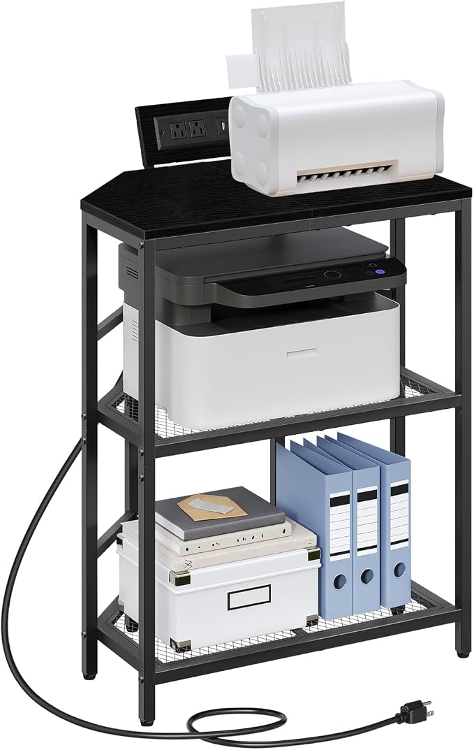 MAHANCRIS Corner Printer Stand with Charging Station, 3-Tier Large Printer Table with Adjustable Feet, Metal Frame Storage Shelf for Office, Living Room, Small Space, Black PTBK14E01