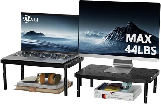 WALI Monitor Riser for Desk, 3 Height Adjustable Laptop Riser with Airflow Vents, Desk Organizer for Computer/Printer/Notebook, 2-Pack for Dual Monitor Setup, Black (PTT001‑2)