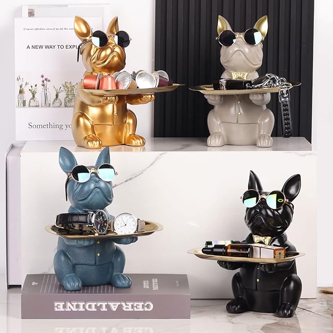 Modern Resin Blue Bulldog Statue Piggy Bank Key Holder Candy Jewelry Earrings Tray for Home Decor Modern Art Dining Table Decor Office