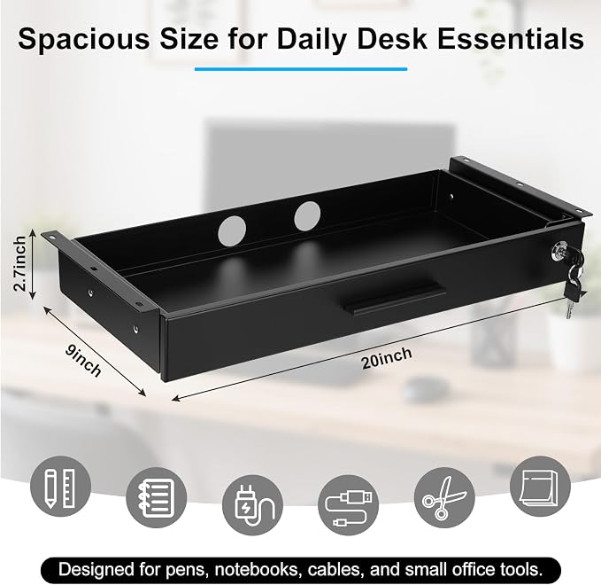 Menkxi 20'' x 9'' Under Desk Drawer Slide Out Storage Organizer, Lockable Metal Desk Drawer for Laptop and Office Accessories, Large Hidden Under Table Storage Box with Cable Management, Black