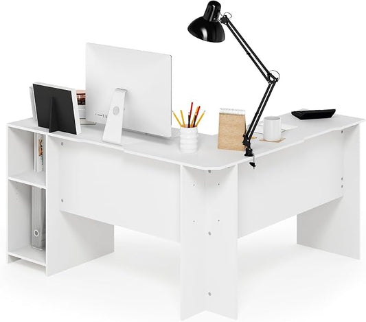 Furinno Indo L-Shaped Computer Desk with Bookshelf, White
