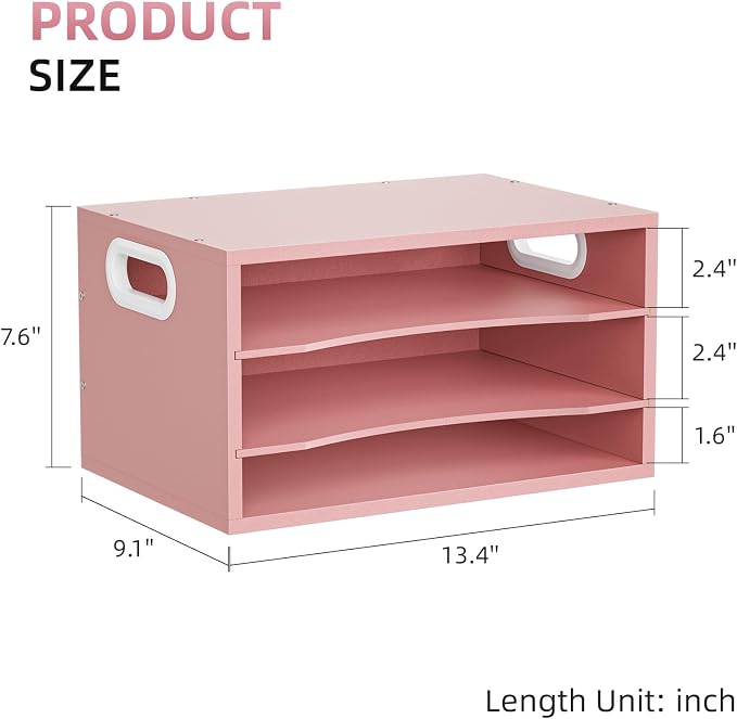 Marbrasse 3-Tier Wood Desk Organizer, Paper Letter Tray Organizer for Desk, Wooden Desktop File Organizer with Handle and Paper Sorter Mail Holder for Office School & Home Supplies Organization-Pink