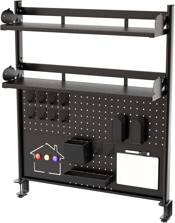 Modern Metal Clamp-On Desk Hutch with Pegboard, 2-Tier Desktop Organizer Shelf for Home Office or Gaming Desk, 31.4", Black