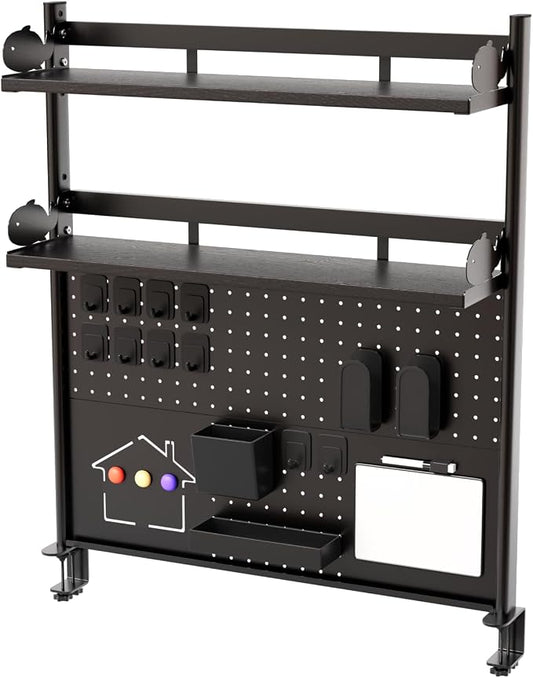 Modern Metal Clamp-On Desk Hutch with Pegboard, 2-Tier Desktop Organizer Shelf for Home Office or Gaming Desk, 31.4", Black
