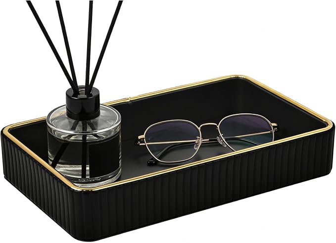 PU Leather Valet Tray,Desk Organizer Tray Nightstand Organizer Trinket Dish Storage Key Bowl Decorative Trays for Phone Wallet Jewelry Watch,Bathroom Bedroom Perfume Vanity Trays,Black