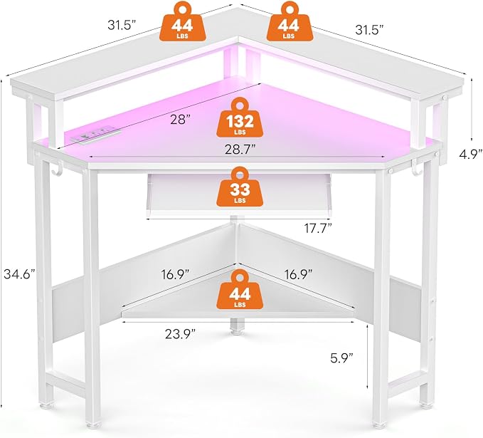 DUMOS Conner Desk Home Office Computer Desk for Small Space with LED Lights Gaming Table with Storage Shelves Power Outlets Monitor Stand Keyboard Tray for Bedroom, White