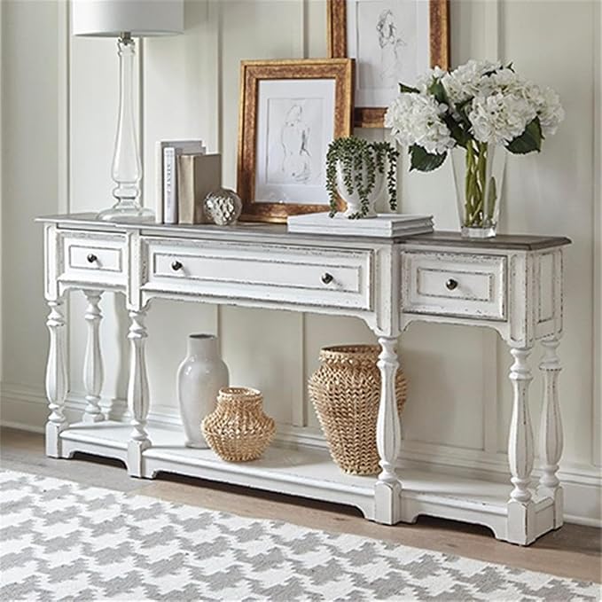 BOWERY HILL 72-Inch Console Table, Poplar Solids with White Oak and Birch Veneers, Antique White Finish, Weathered Brown Whitewash Top, 3 Drawers, Bottom Shelf, Traditional Hall Table for Storage