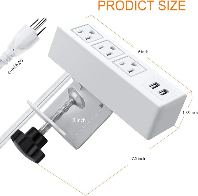 3 Outlet Desk Clamp Power Strip With USB Ports, White Desktop Surge Protector 1200J. Mount Charging Power Station, Edge Power Outlet 125V 12A 1500W