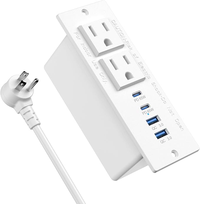Recessed Power Strip Fast Charging Station 2 PD 65W USB C, Flush Mount Countertop Drawer Outlet, Furniture Hidden Charging Station for Side Table, End Table,2 AC Outlets (White, 6 FT Cable)