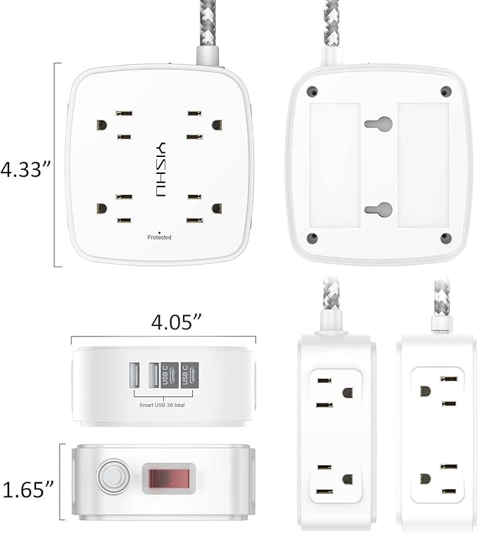 Surge Protector Power Strip - YISHU 8 Outlets with 4 USB (2 USB C) Charging Ports, 6Ft Braided Extension Cord, Flat Plug Multi Plug Outlet Extender Charging Station for Home Office, ETL, White